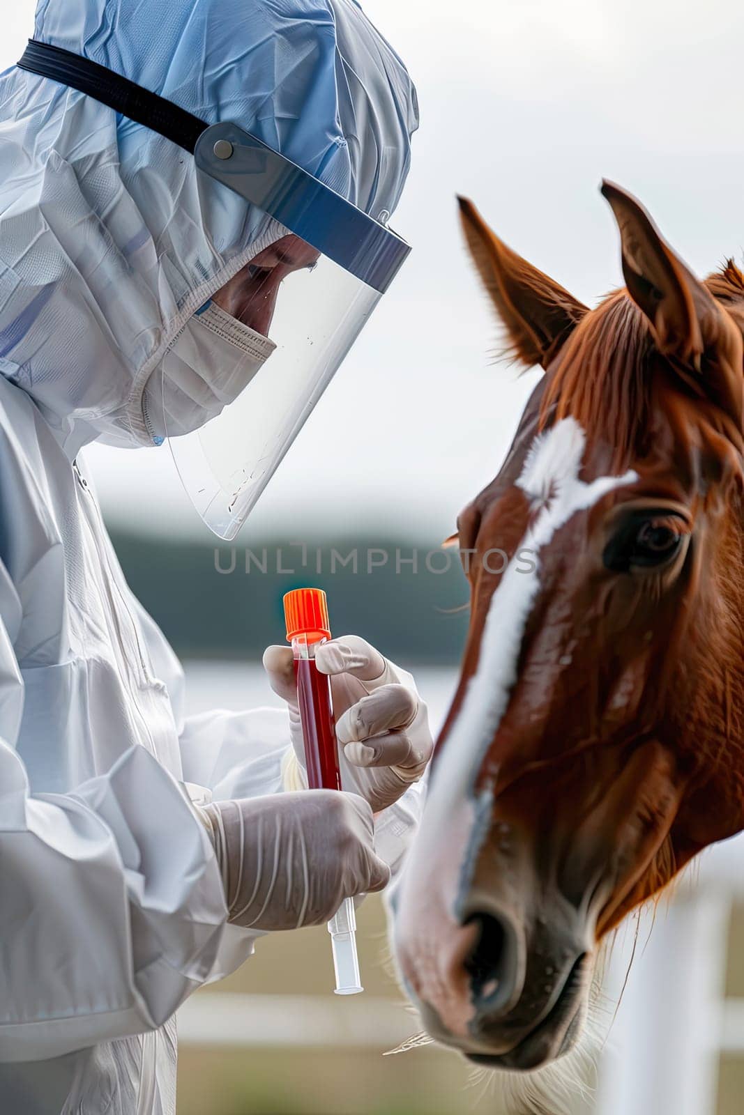 A veterinarian in a protective suit takes tests on animals on a farm. Selective focus. by yanadjana