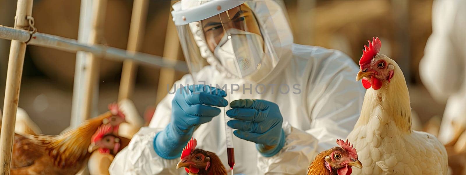 A veterinarian in a protective suit takes tests on animals on a farm. Selective focus. by yanadjana