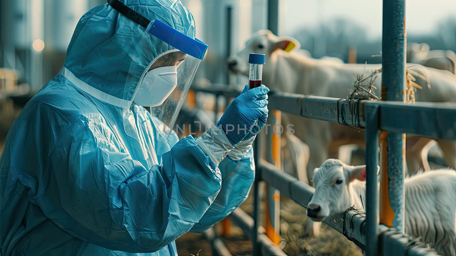 A veterinarian in a protective suit takes tests on animals on a farm. Selective focus. animal.