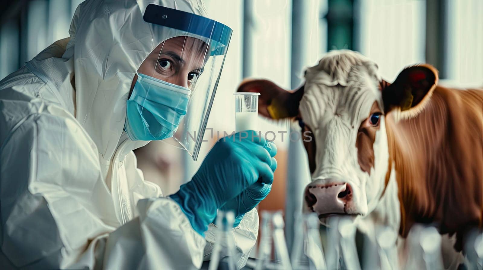 A veterinarian in a protective suit takes tests on animals on a farm. Selective focus. animal.