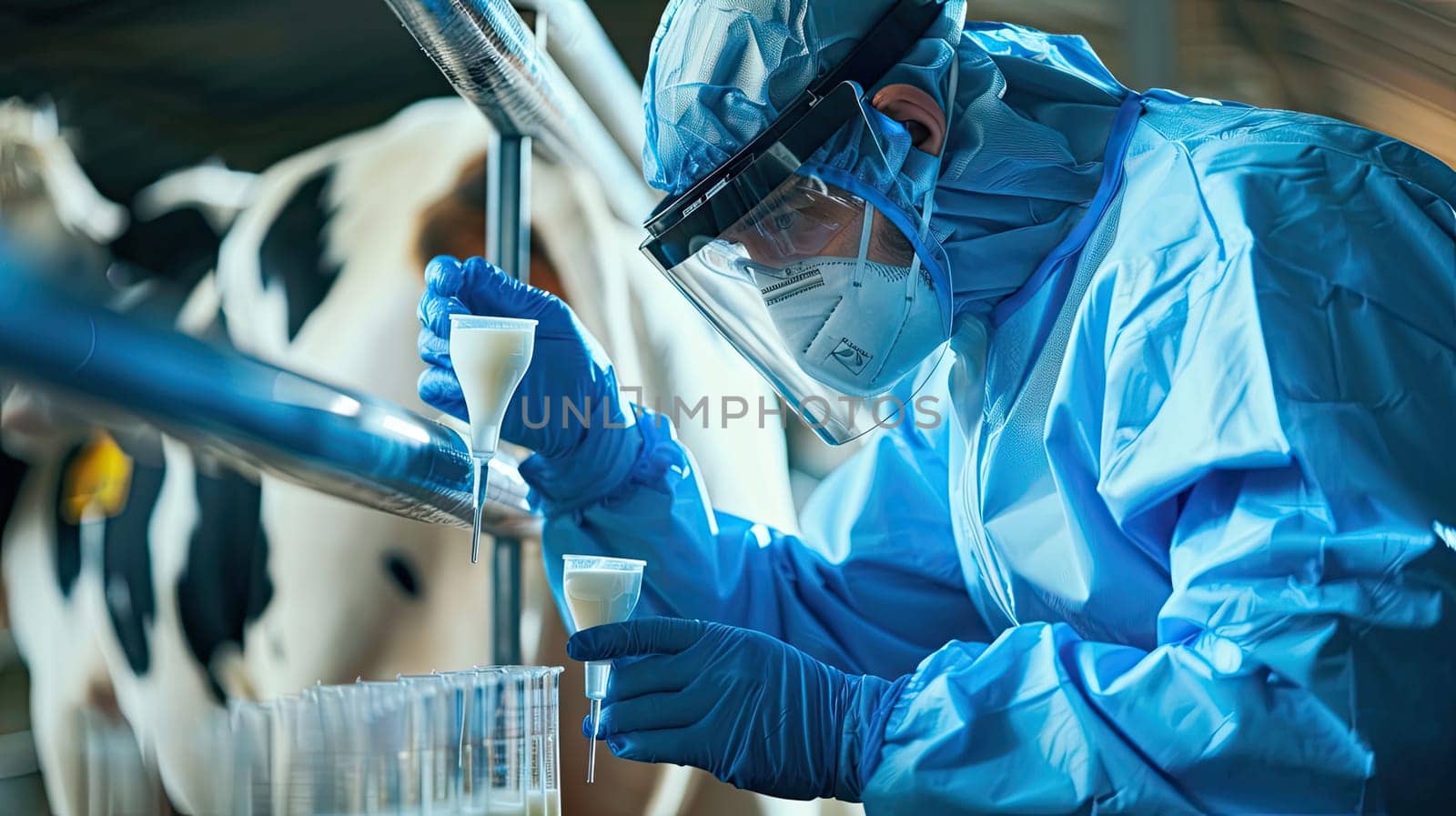 A veterinarian in a protective suit takes tests on animals on a farm. Selective focus. by yanadjana