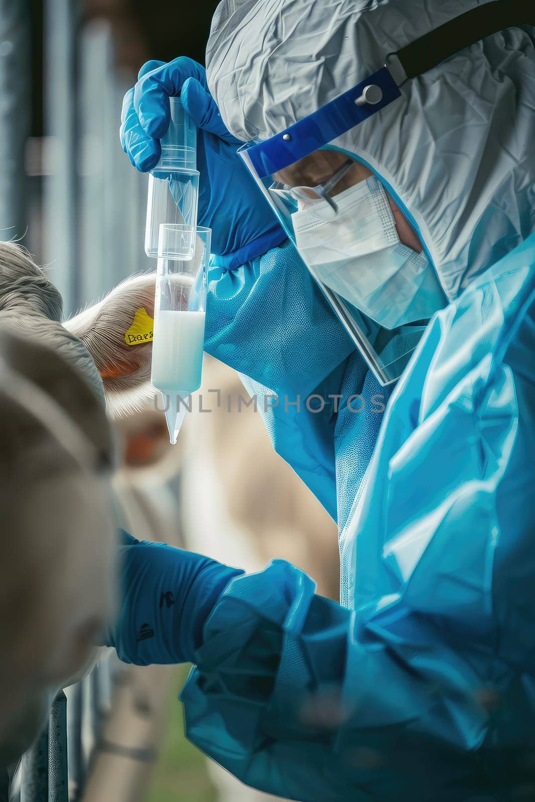A veterinarian in a protective suit takes tests on animals on a farm. Selective focus. by yanadjana