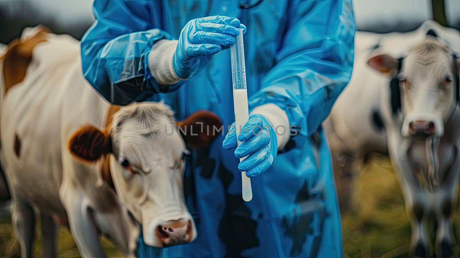 A veterinarian in a protective suit takes tests on animals on a farm. Selective focus. animal.