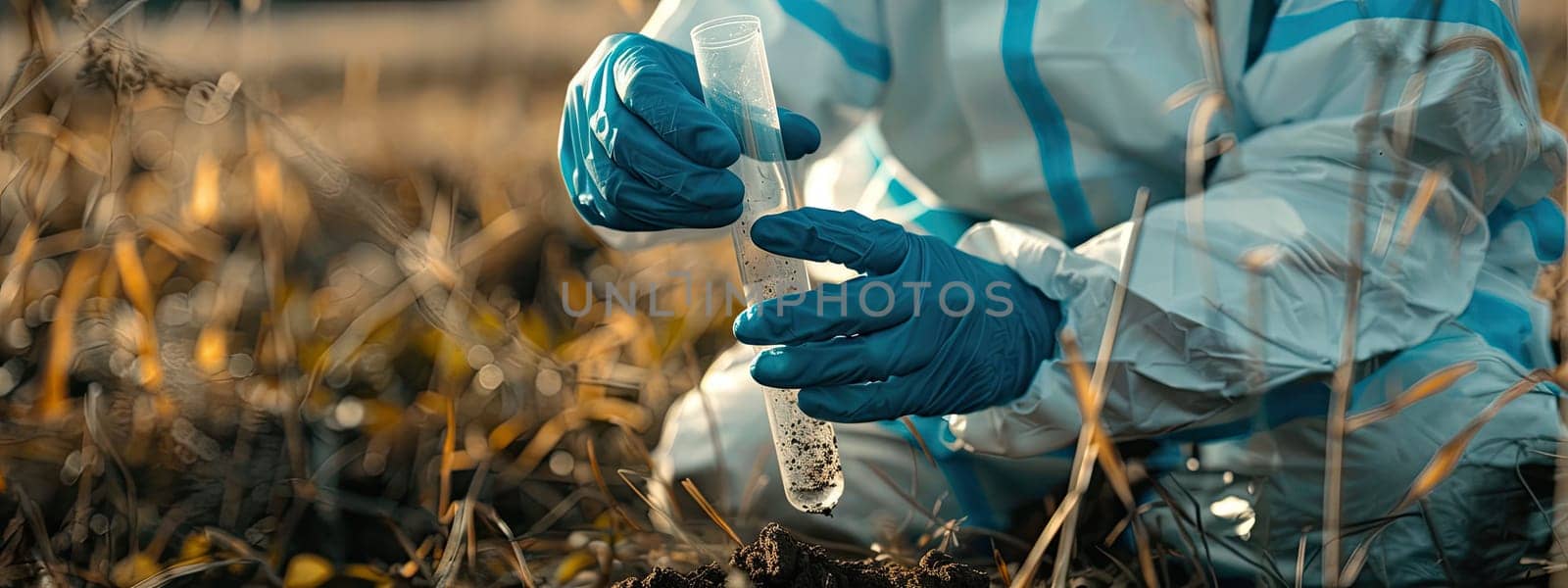 A man in a protective suit takes soil samples. Selective focus. Nature.