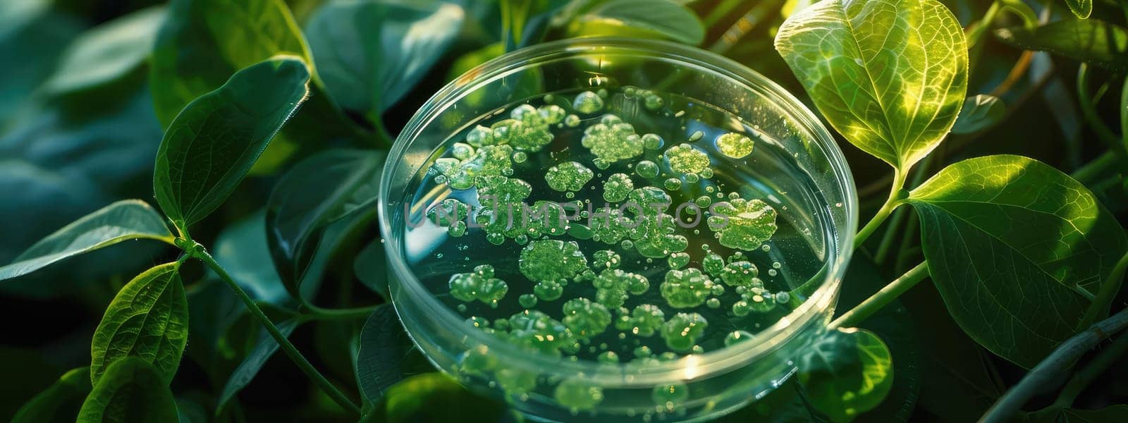 Petri dish with bacteria on a background of green leaves. Selective focus. Nature.