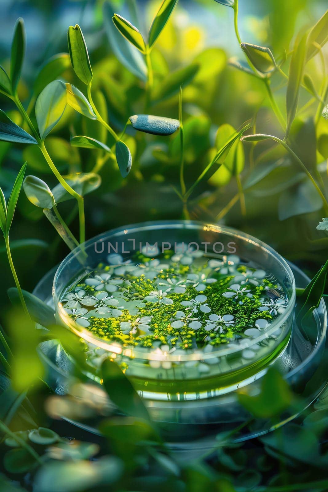 Petri dish with bacteria on a background of green leaves. Selective focus. Nature.