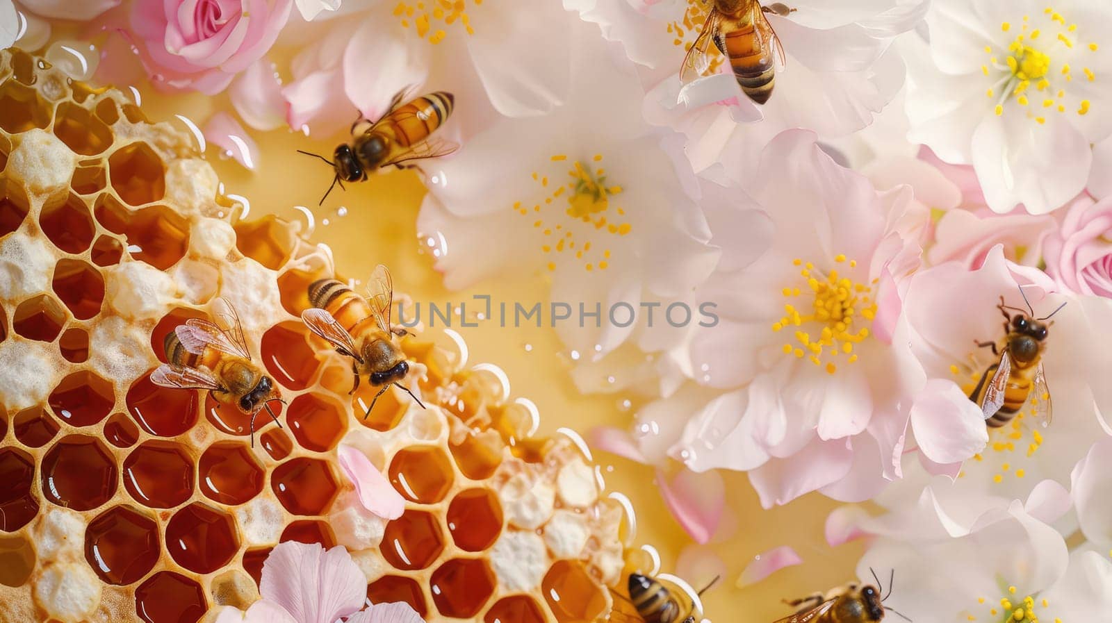 Honey with honeycombs and flowers. Selective focus. Nature.