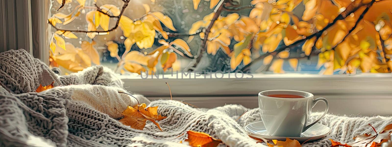 A cup of tea against the background of a wet autumn window. Selective focus. drinks.