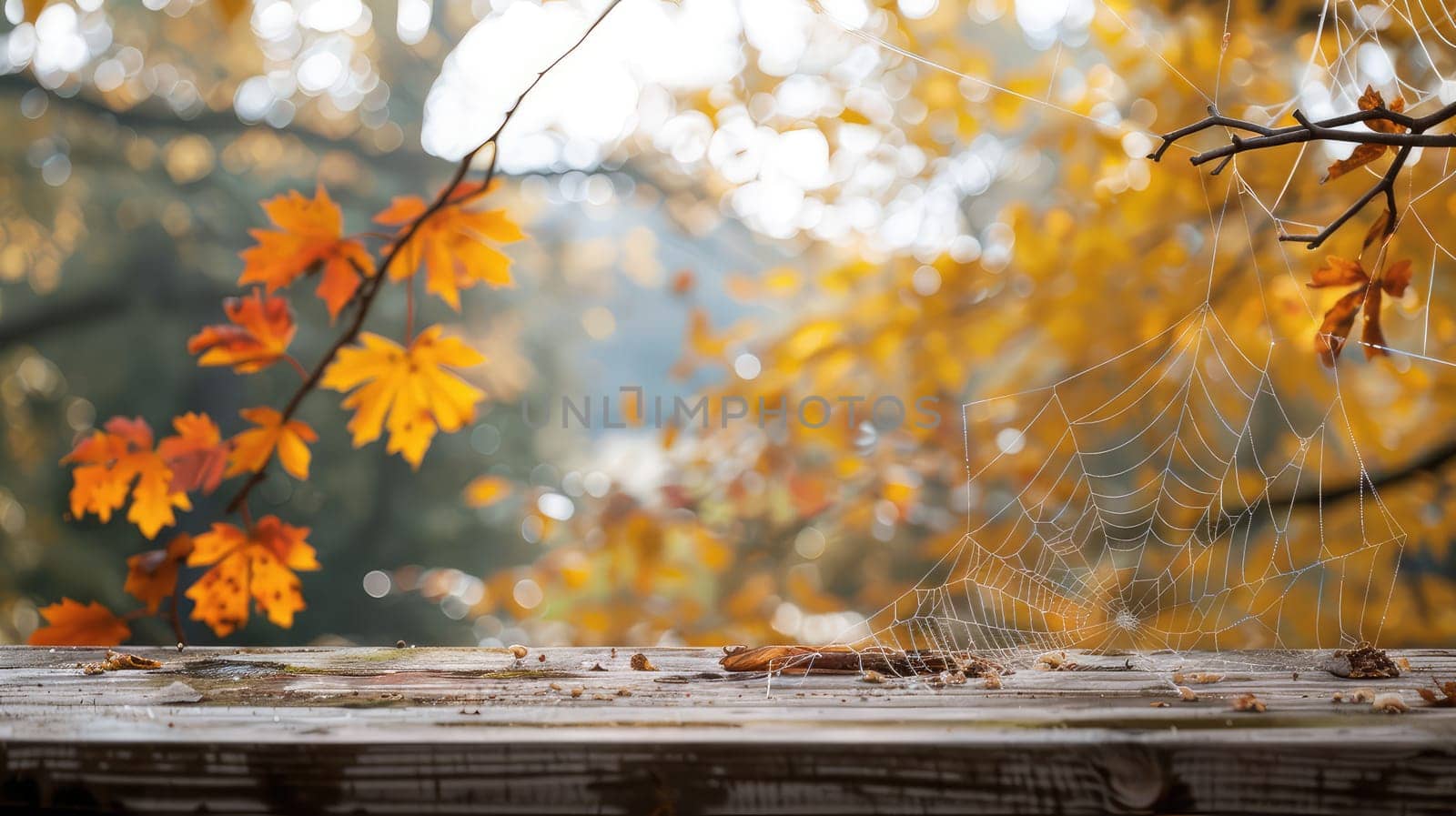 Wooden table in the autumn park. Selective focus. Nature.