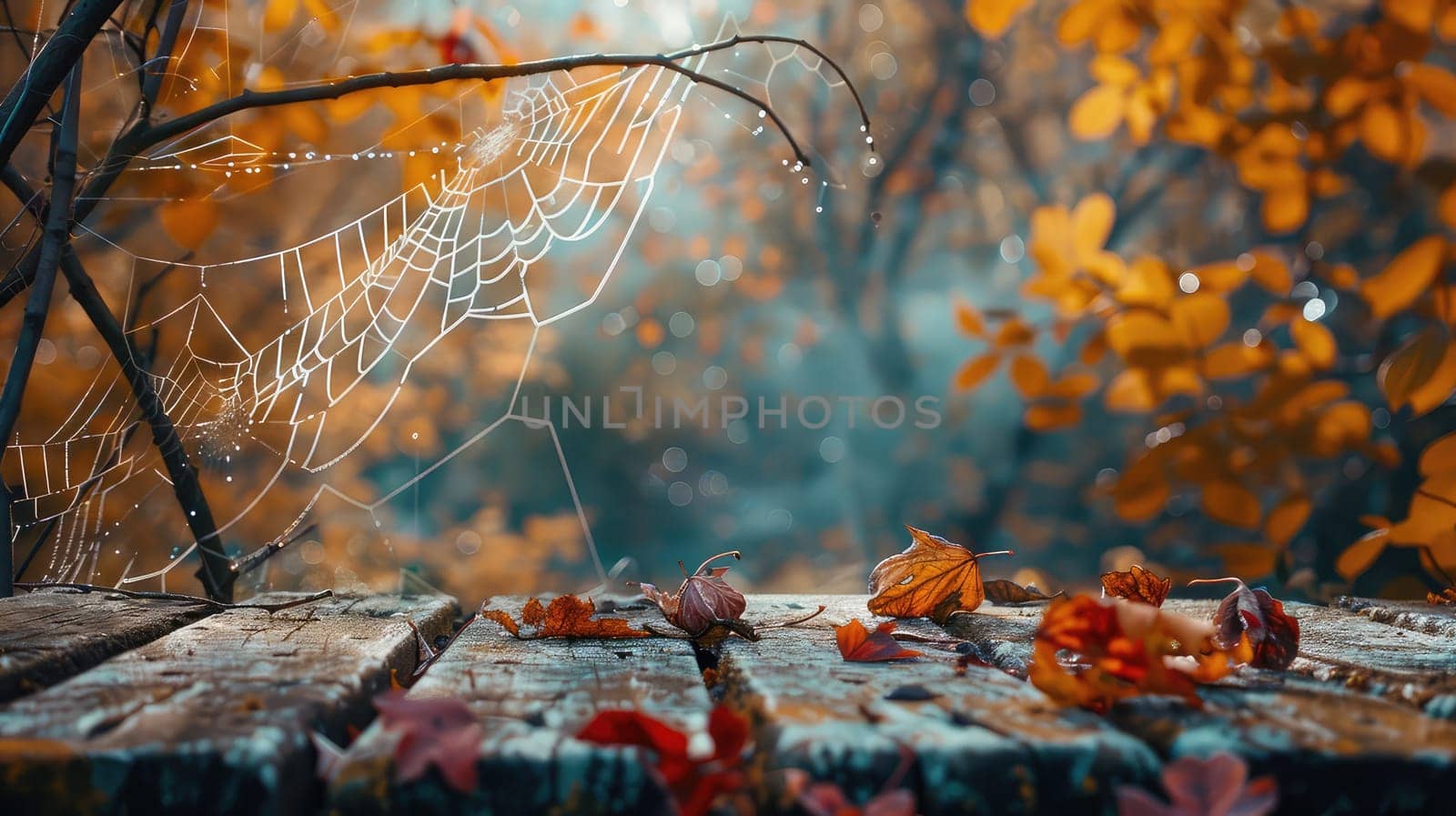 Wooden table in the autumn park. Selective focus. Nature.