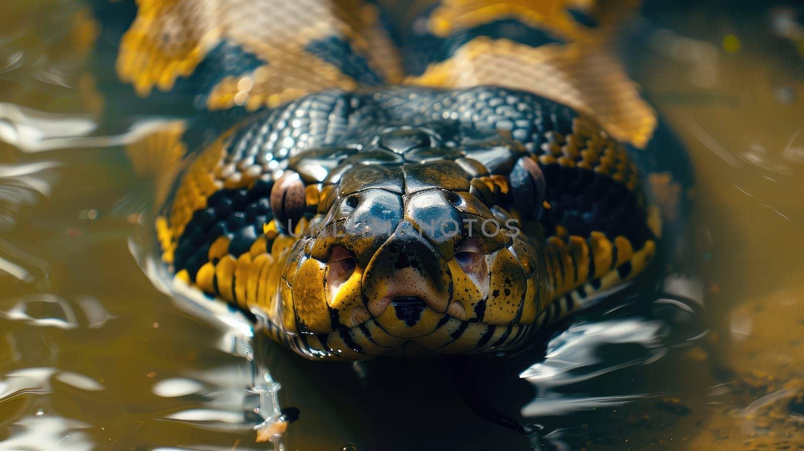 Anaconda in the water in the jungle. Selective focus. Nature.