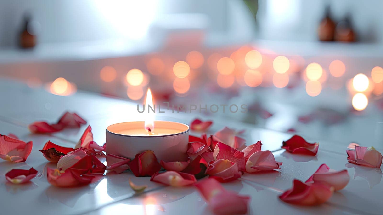 Bathroom candles and rose petals. Selective focus. Home.