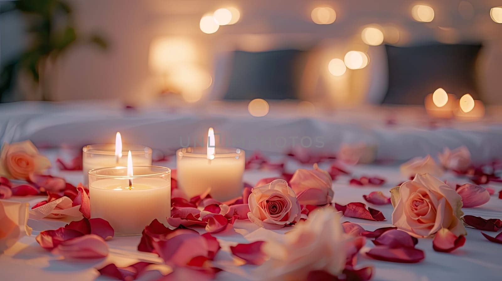 Bed of candles and rose petals. Selective focus. Home.