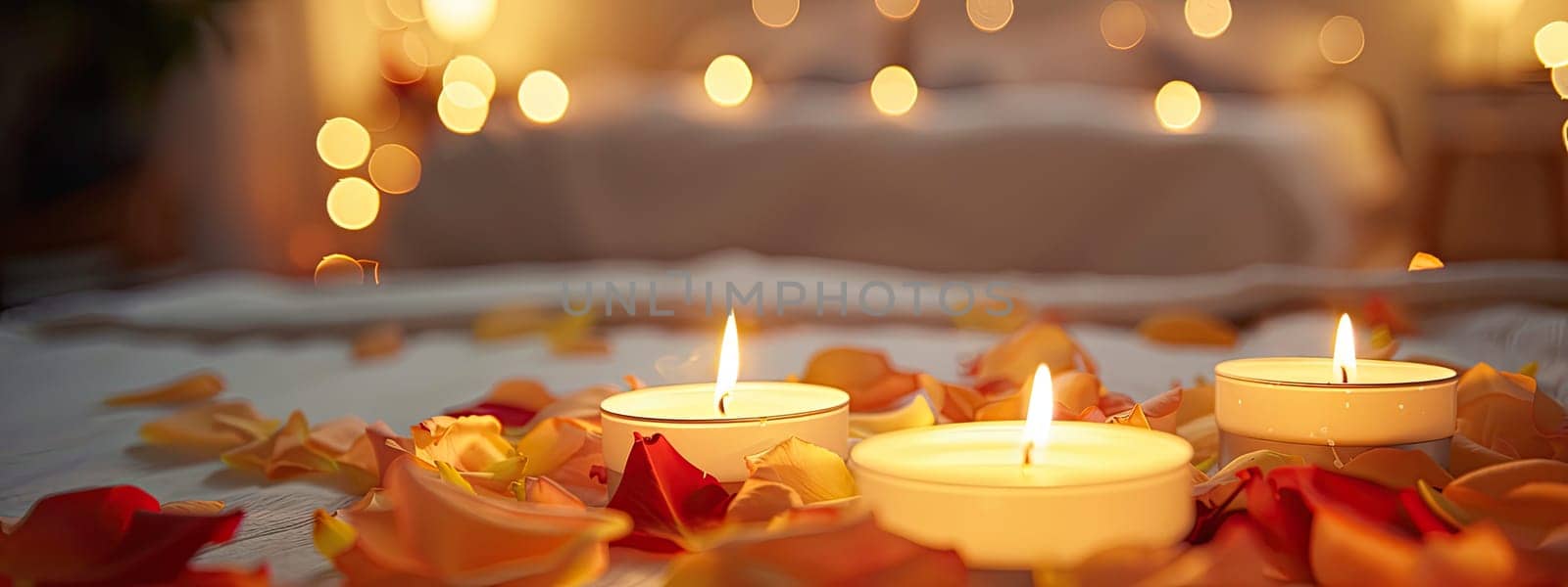 Bed of candles and rose petals. Selective focus. Home.