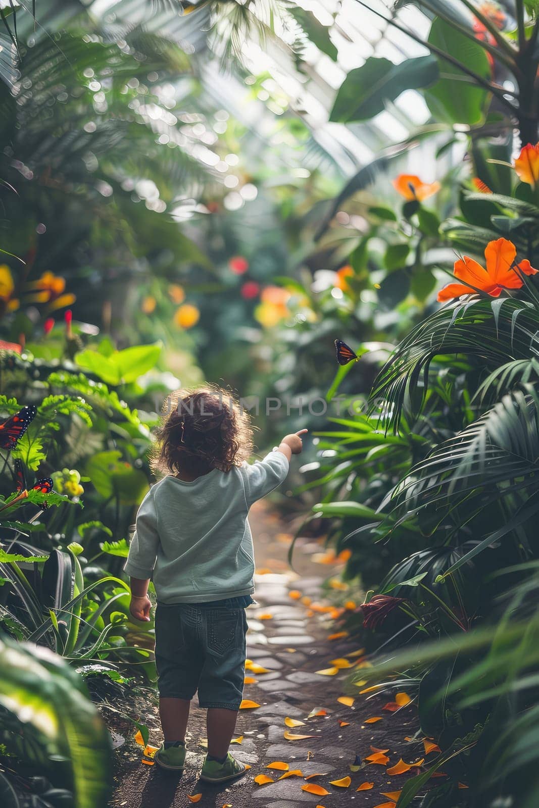 child in a greenhouse with butterflies. Selective focus. by yanadjana