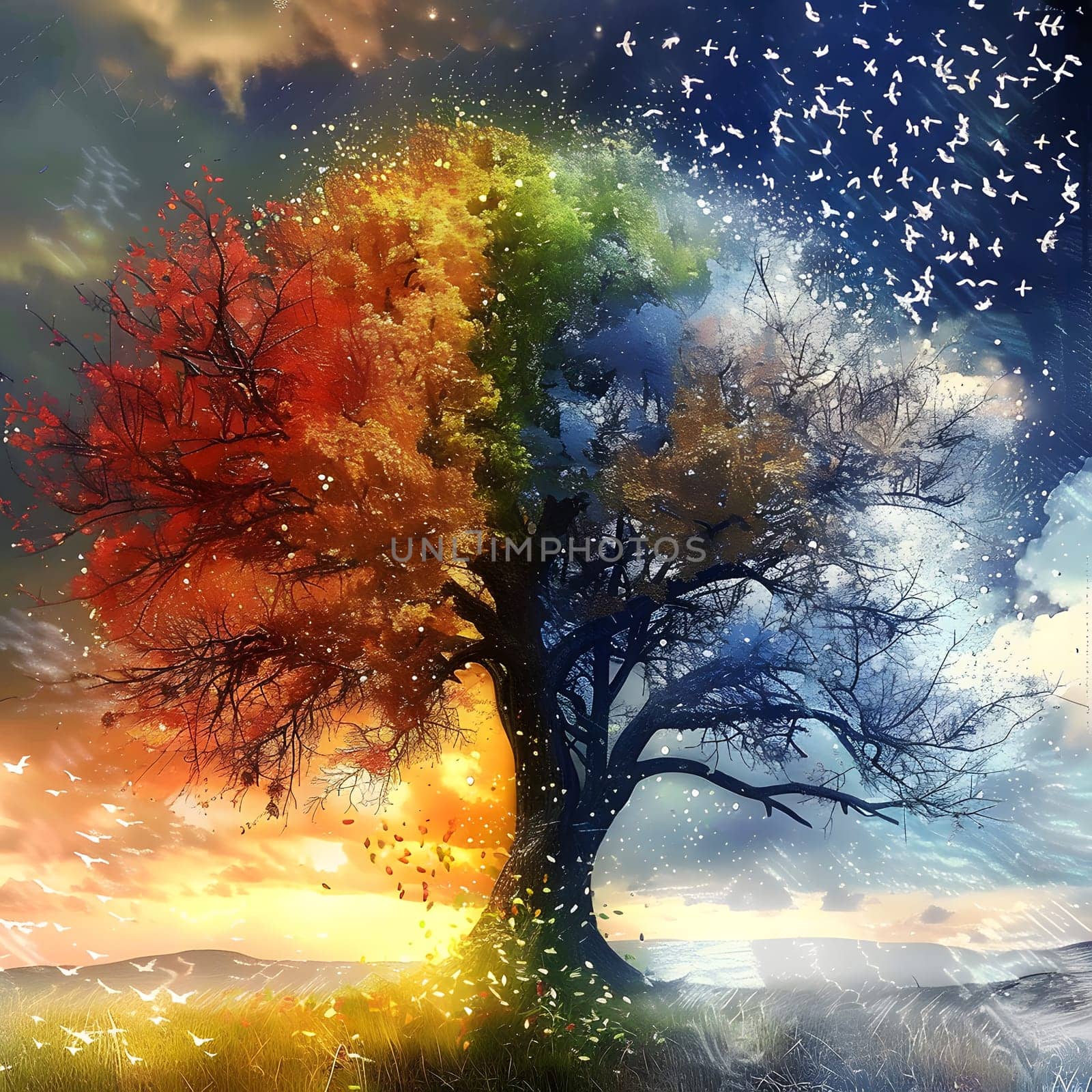 A mesmerizing painting depicting a tree as it transitions through the four seasons, capturing the changing atmosphere, sky, and natural landscapes
