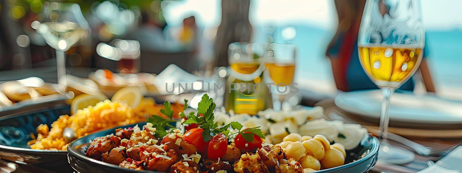 lots of delicious food with the beach in the background. Selective focus. food.