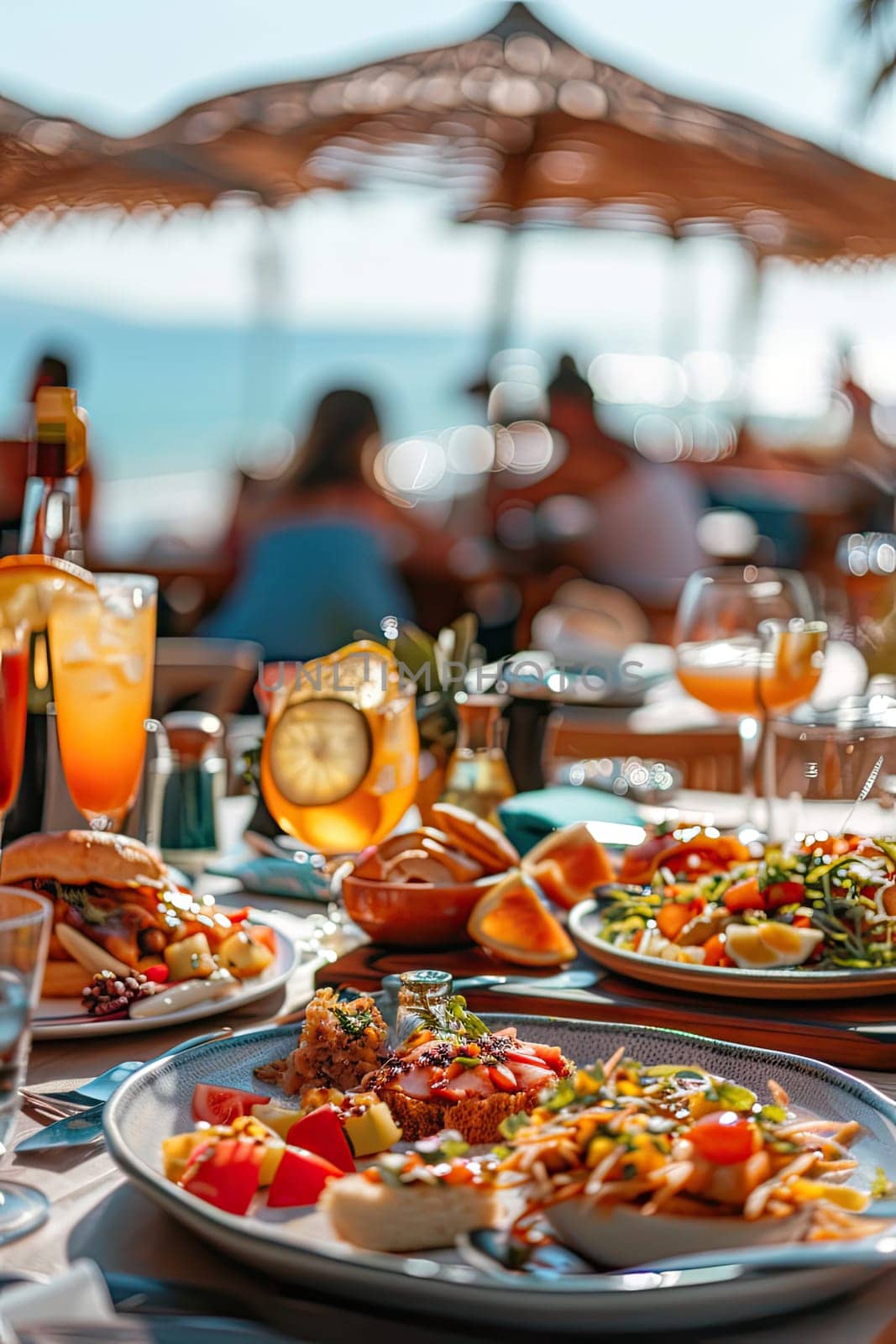 lots of delicious food with the beach in the background. Selective focus. food.