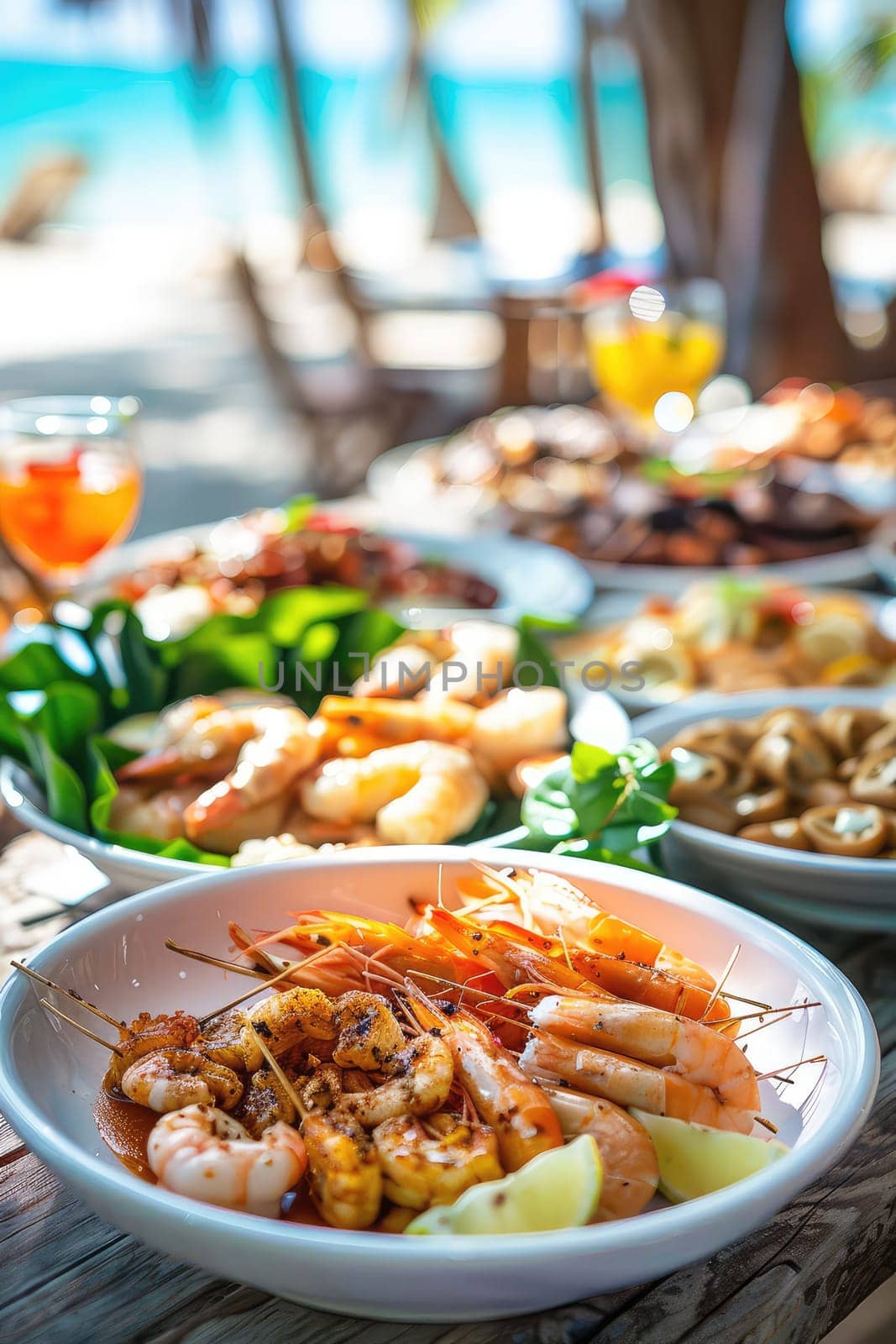 lots of delicious food with the beach in the background. Selective focus. food.