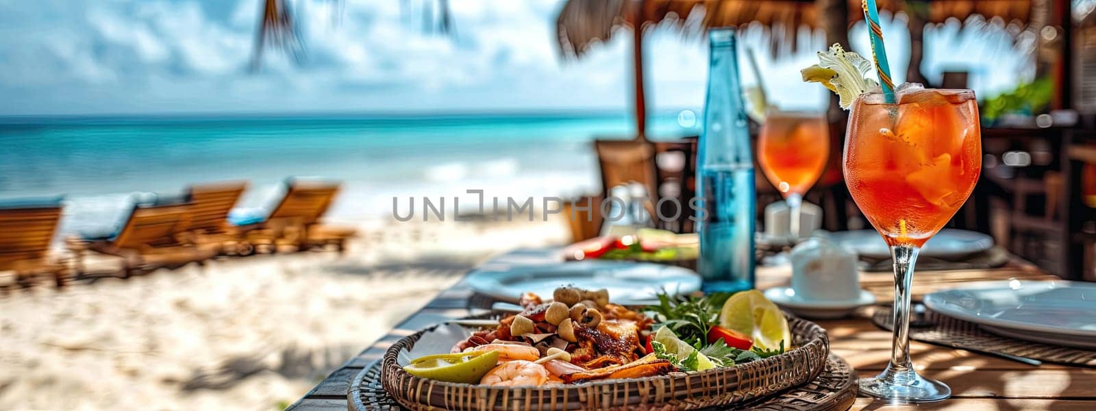 lots of delicious food with the beach in the background. Selective focus. food.