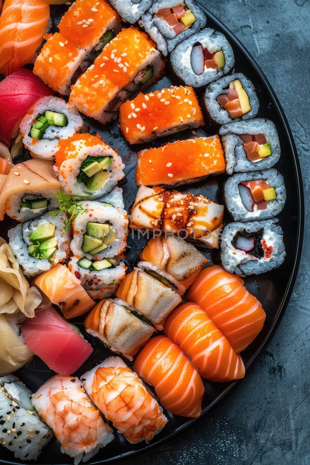 A variety of sushi and rolls on a plate. Selective focus. food.