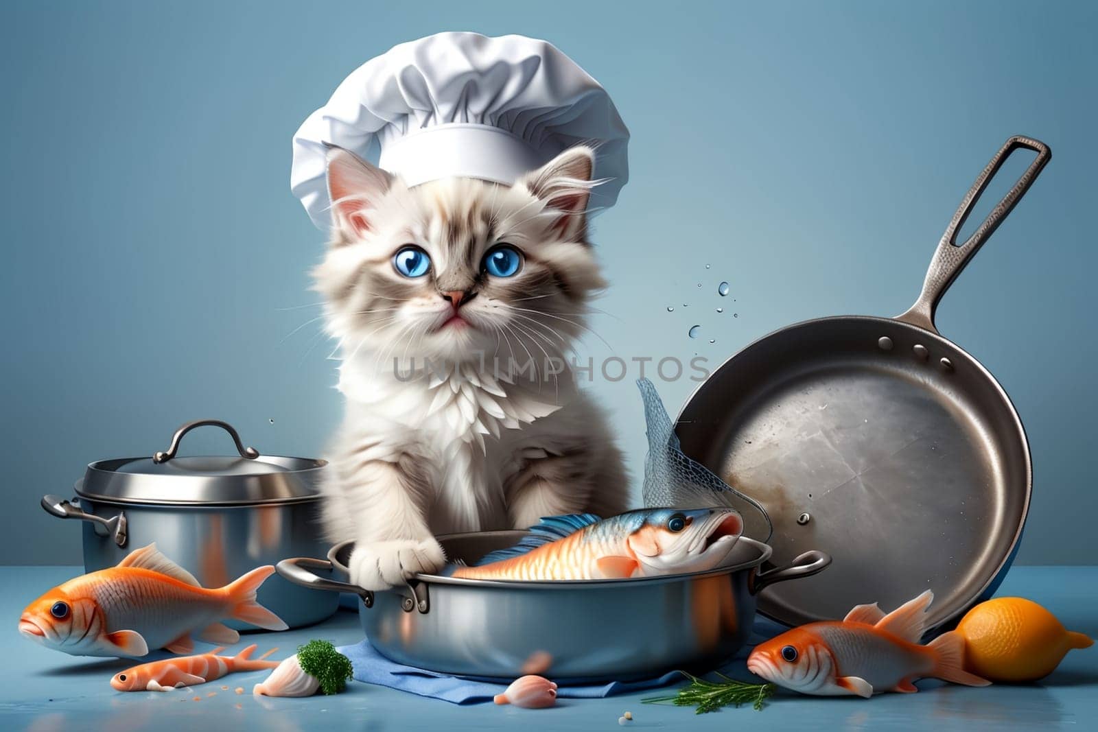 Cute cat chef preparing fish in the kitchen .