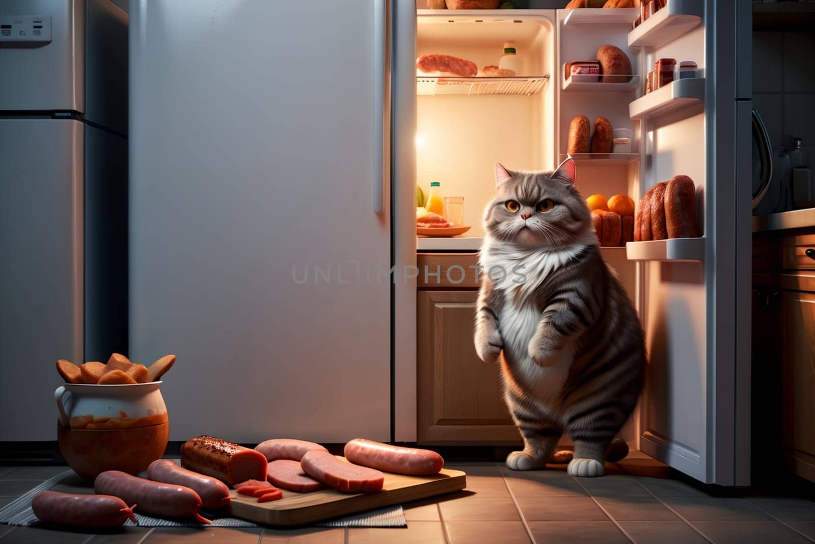 fat cat near the refrigerator with sausages and sausages, eats at night .