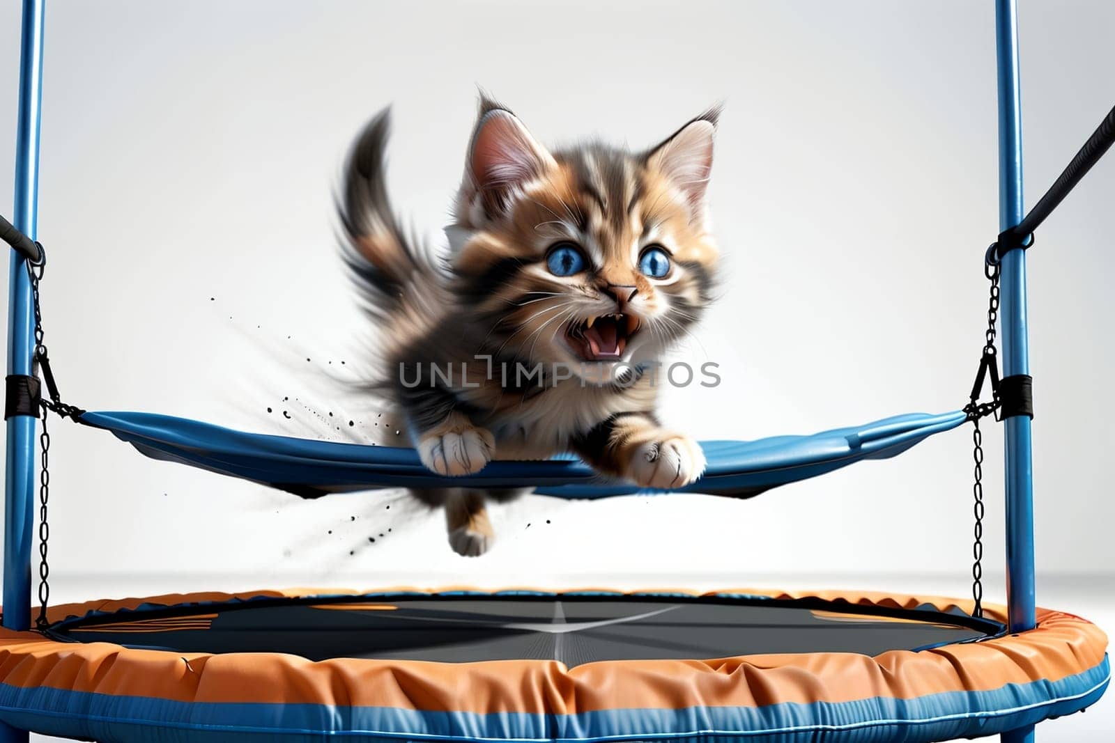 happy positive kitten jumping on a large trampoline, happy childhood .