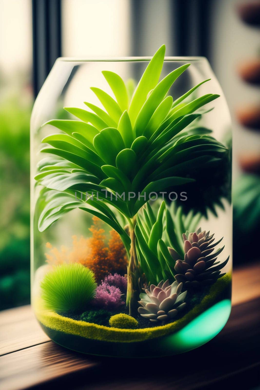 Florarium mini-garden in a glass container on a windowsill, picture in watercolor technique. Generative AI