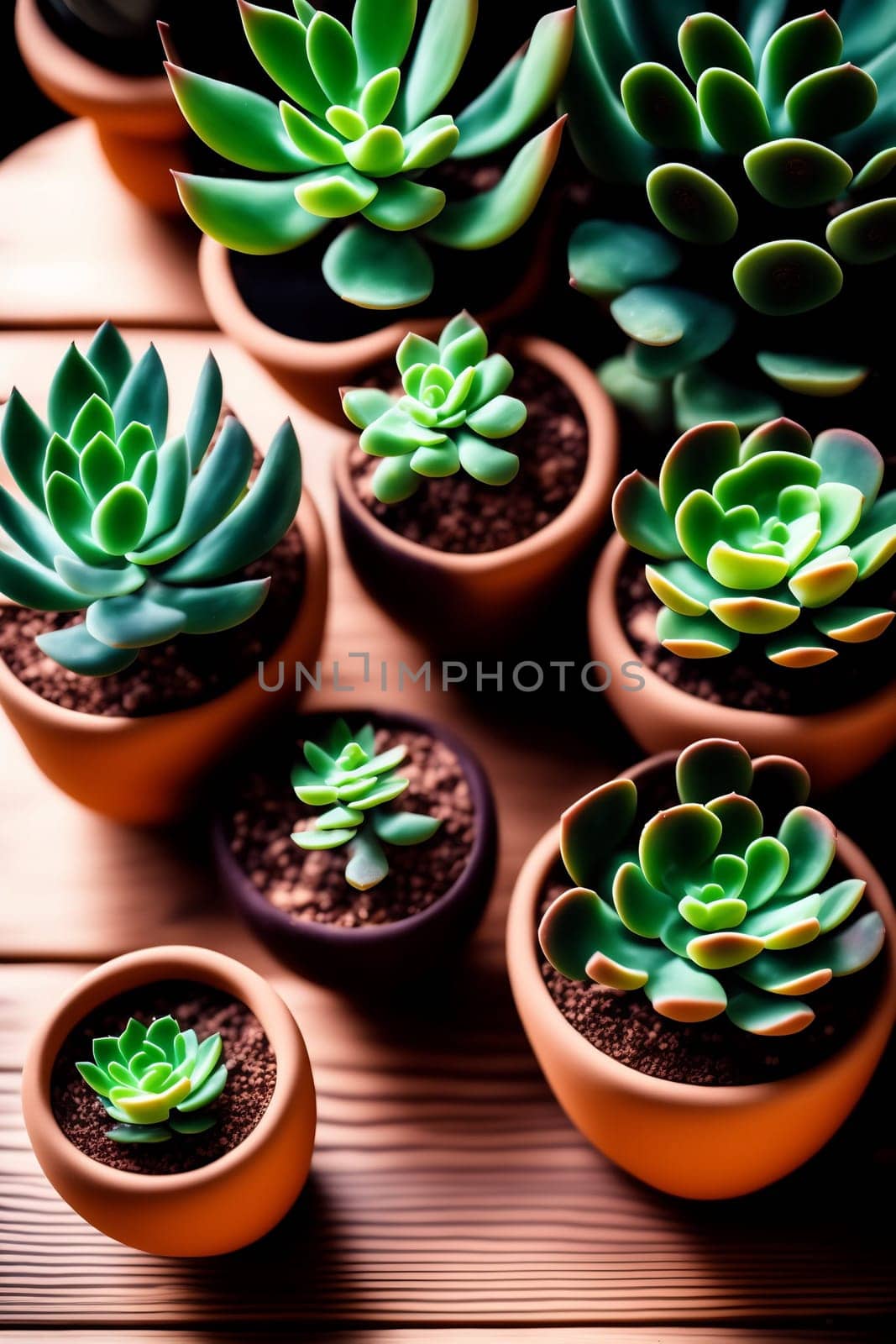 Lots of different succulents on a wooden table in daylight. Generative AI