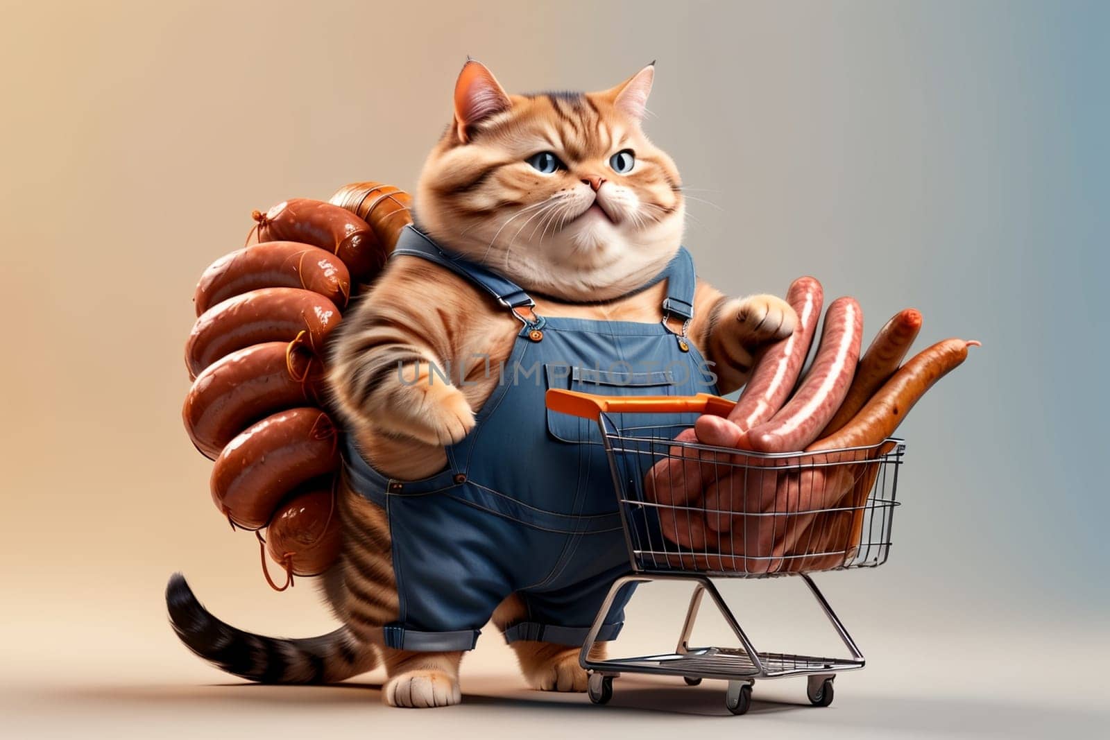 cute happy cat with tasty fresh sausage in shopping cart .