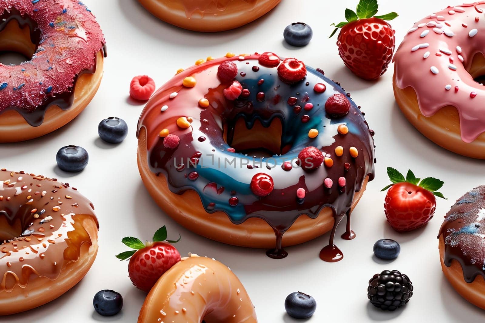 delicious bright sweet donuts with colored glaze and berries .