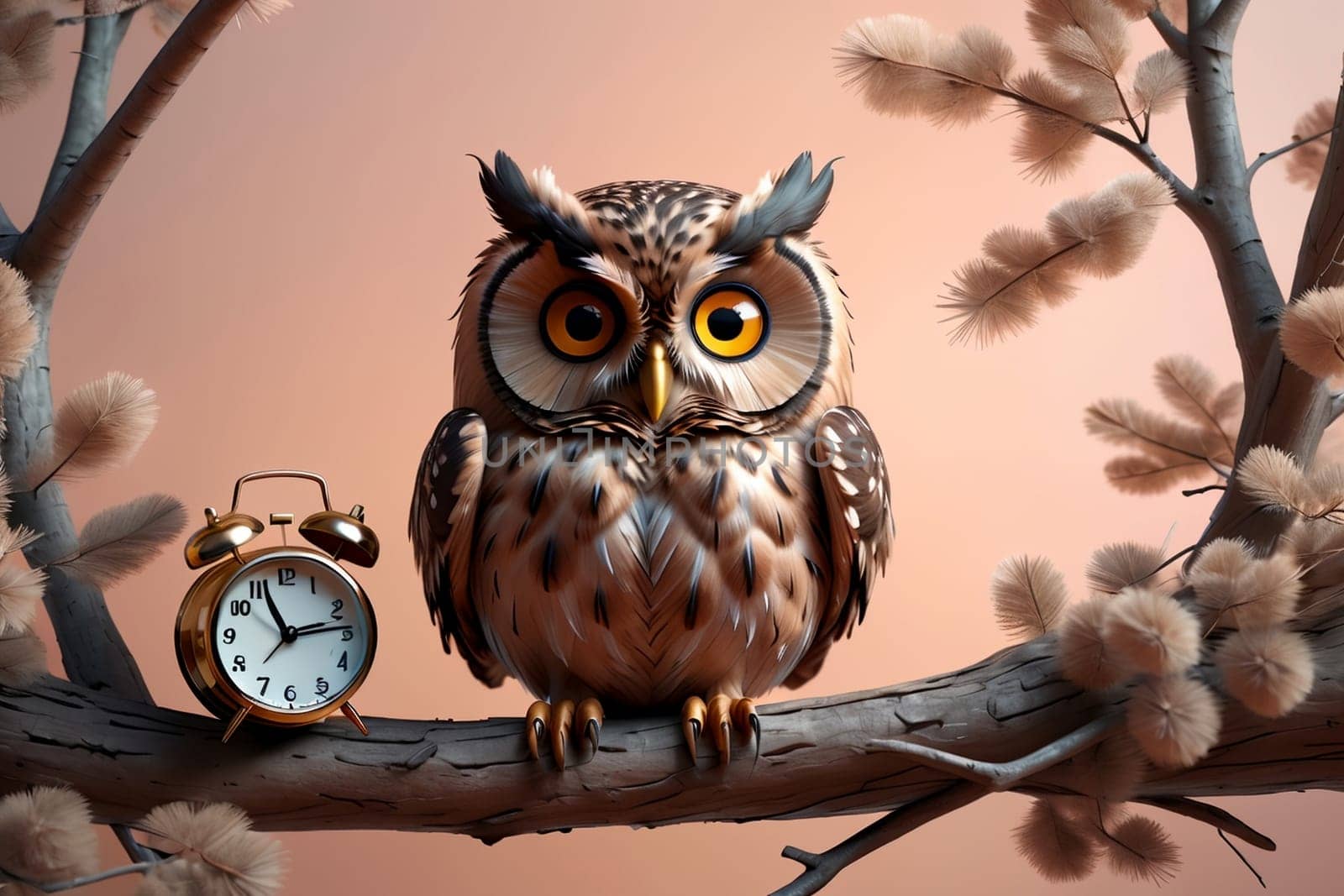 cute beautiful owl sitting with an alarm clock on a branch in the forest .