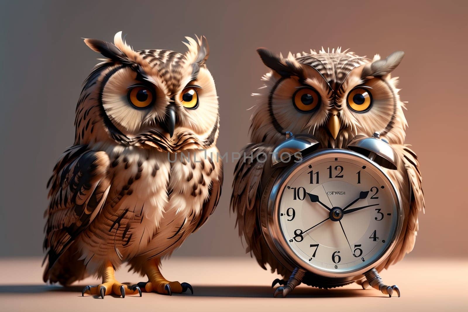 cute beautiful owl sitting with alarm clock, isolated on brown background .