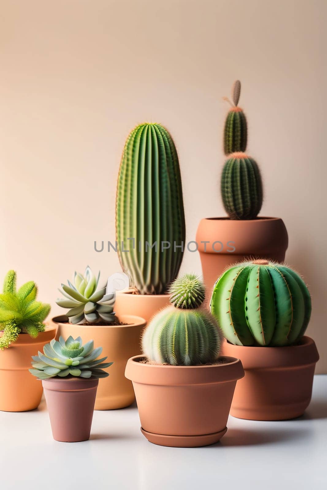 Lots of cacti in clay pots on a white wooden table. a photo in a light key. Generative AI