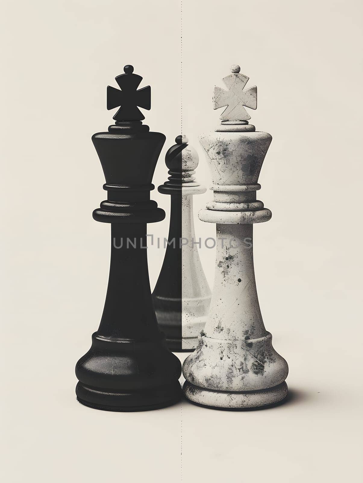 A still life photograph depicting two chess pieces standing next to each other on a chessboard. Indoor games and sports, tabletop game, composite material, and recreation themes