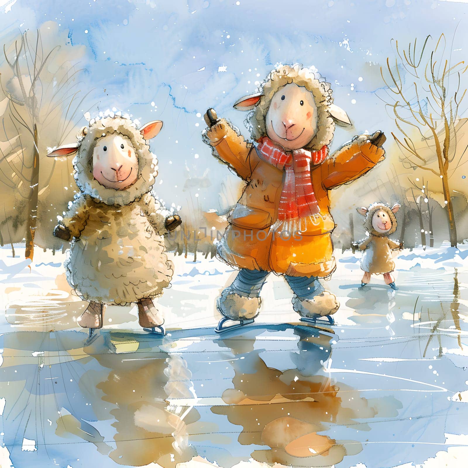 Two sheep are happily ice skating on frozen water in a snowy landscape, their movements graceful and fluid as they glide under the sky filled with fluffy clouds