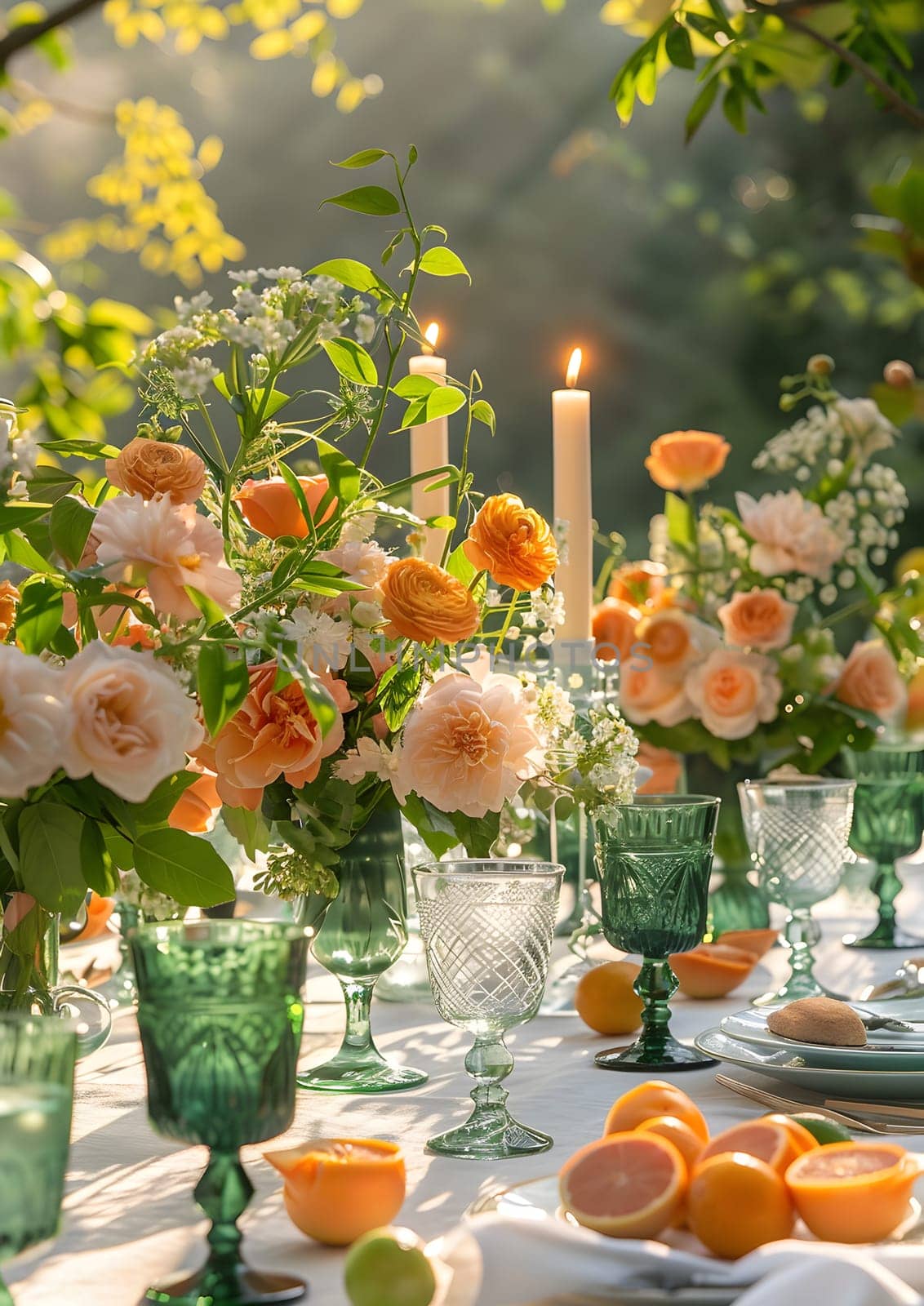 A beautifully arranged table featuring a centerpiece of hybrid tea roses in a vase, complemented by vibrant orange clementines, candles, and green glasses