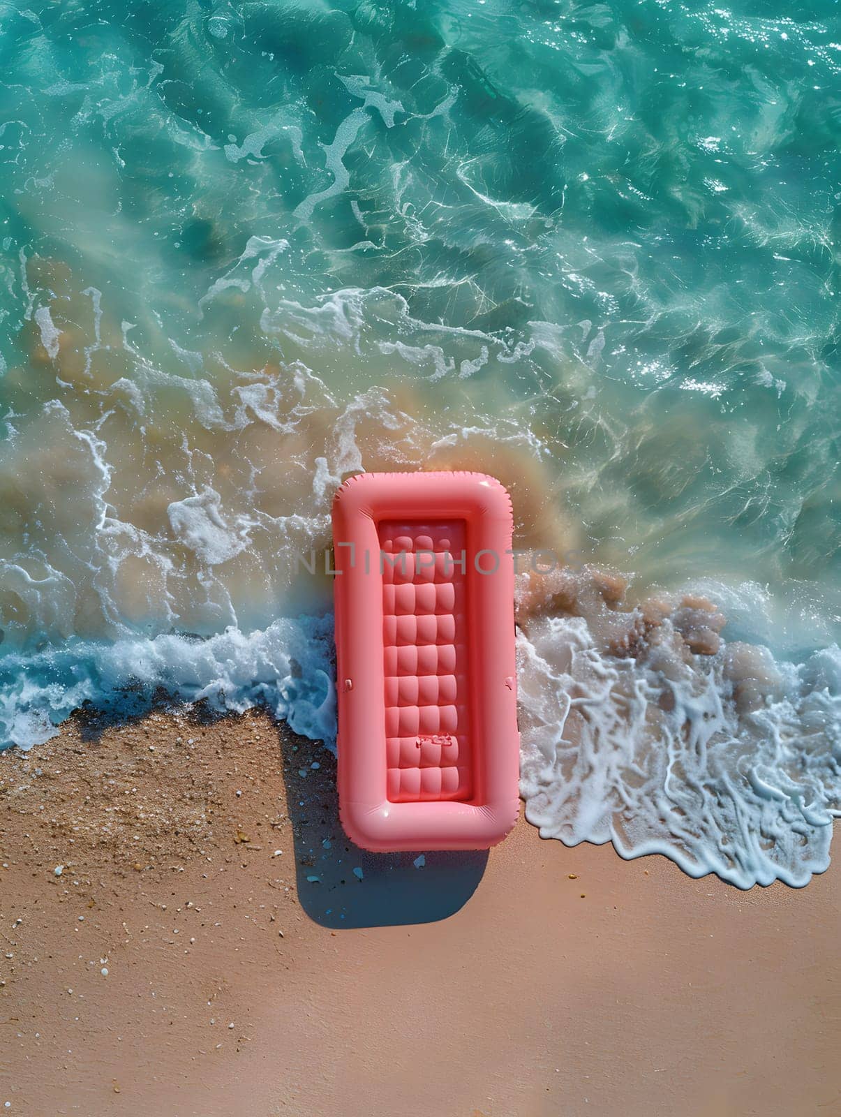 A magenta plastic inflatable raft shaped like a rectangle is drifting on the electric blue waters of the ocean at the beach