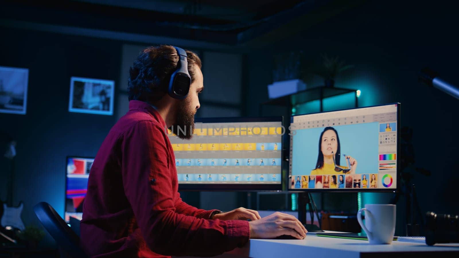 Photographer using photo editing software on PC display in multimedia creative studio while listening to music. Freelancer using photographs retouching program, hearing songs through headphones