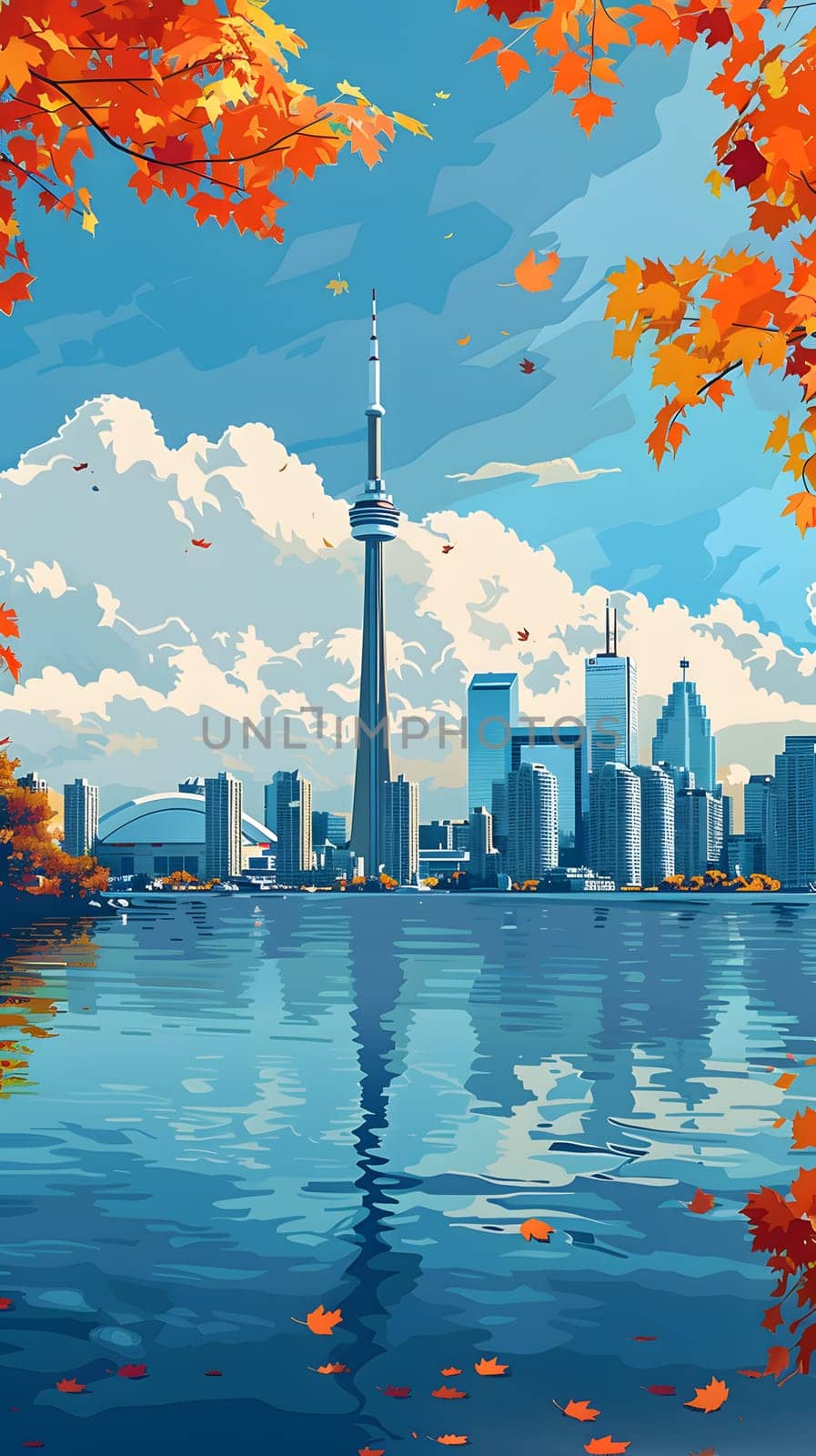 A city skyline painting featuring a serene lake in the foreground under a clear daytime sky. Skyscrapers, towers, and plants dot the urban landscape, creating a harmonious atmosphere