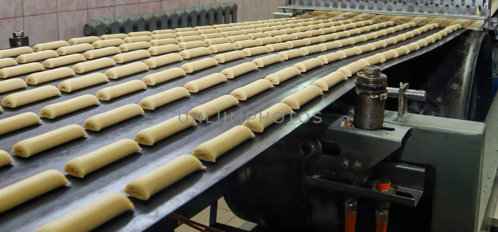 Rows of uncooked bread rolls are neatly aligned on a factory conveyor belt, ready for baking. The machinery suggests a large-scale production in an industrial bakery setting, emphasizing efficiency in food manufacturing. Golden dough shapes are progressing through the initial phases of a baking process.