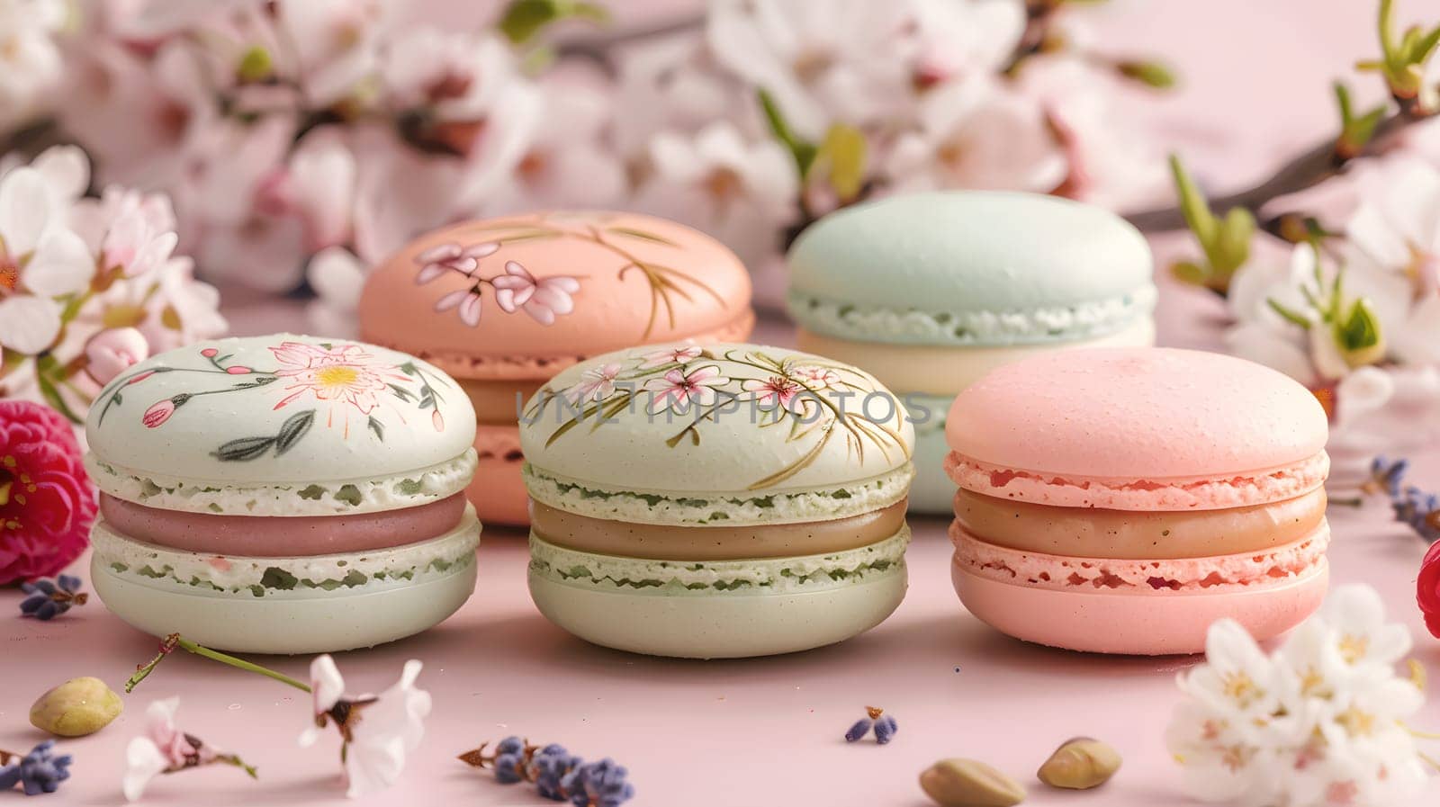 A group of colorful macarons displayed on a pink table adorned with flowers. These baked goods are a sweet treat made with various ingredients and are a popular dessert in French cuisine