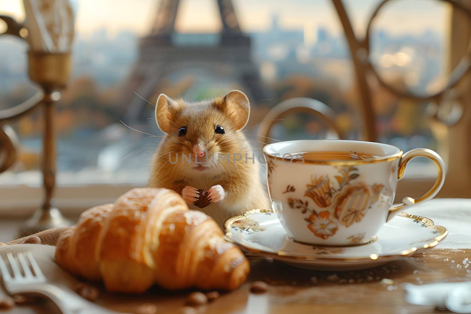 A hamster is snuggled up on a table beside a cup of tea and a croissant, surrounded by food and drinkware