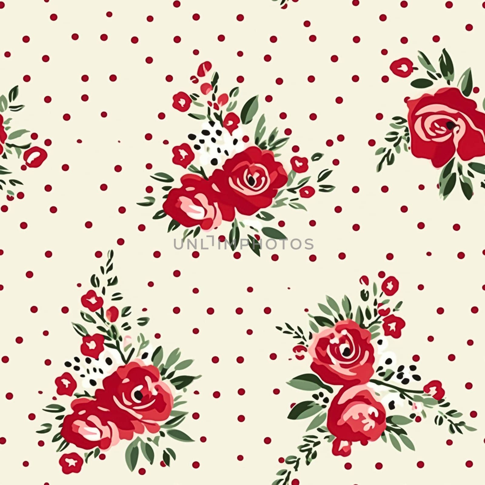 Seamless pattern, tileable Christmas holiday floral, country flowers dots print, English countryside roses for wallpaper, wrapping paper, scrapbook, fabric and product design motif