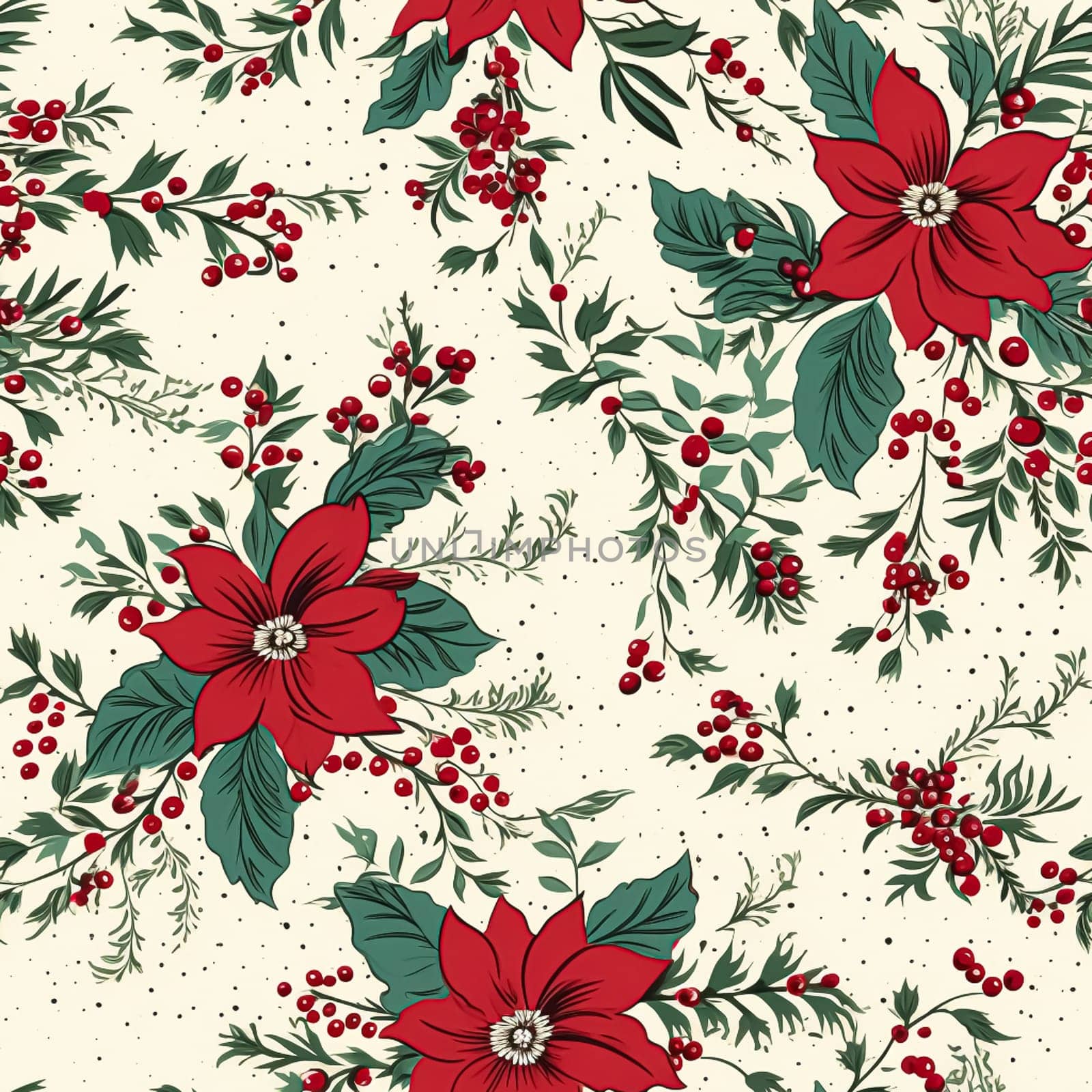 Seamless pattern, tileable Christmas holiday floral country dots print, English countryside flowers for wallpaper, wrapping paper, scrapbook, fabric and product design motif