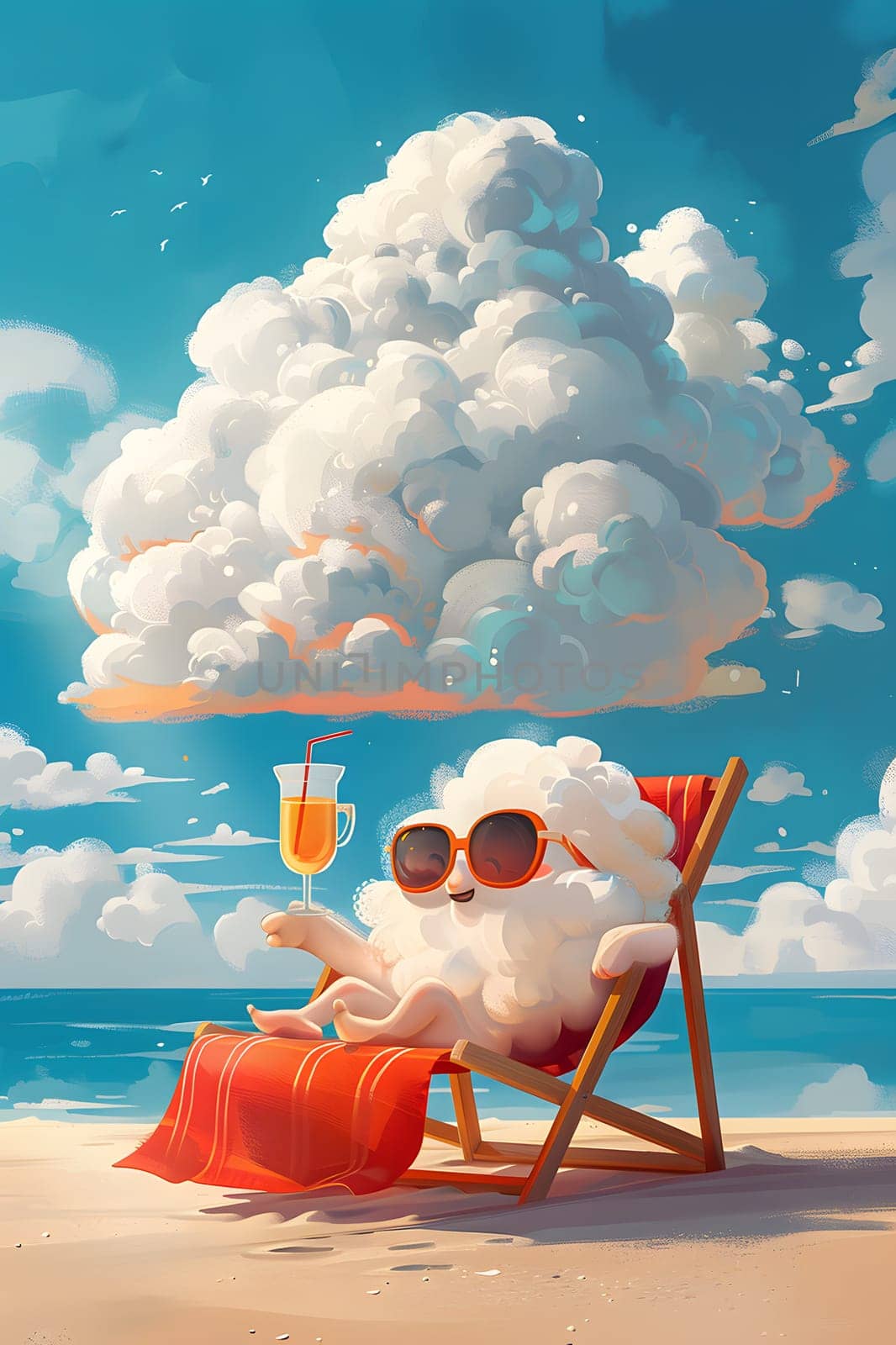 A cumulus cloud hangs in the sky as a sheep relaxes in a chair on the beach, sipping orange juice. People on the beach are happy, creating art in nature during leisure travel