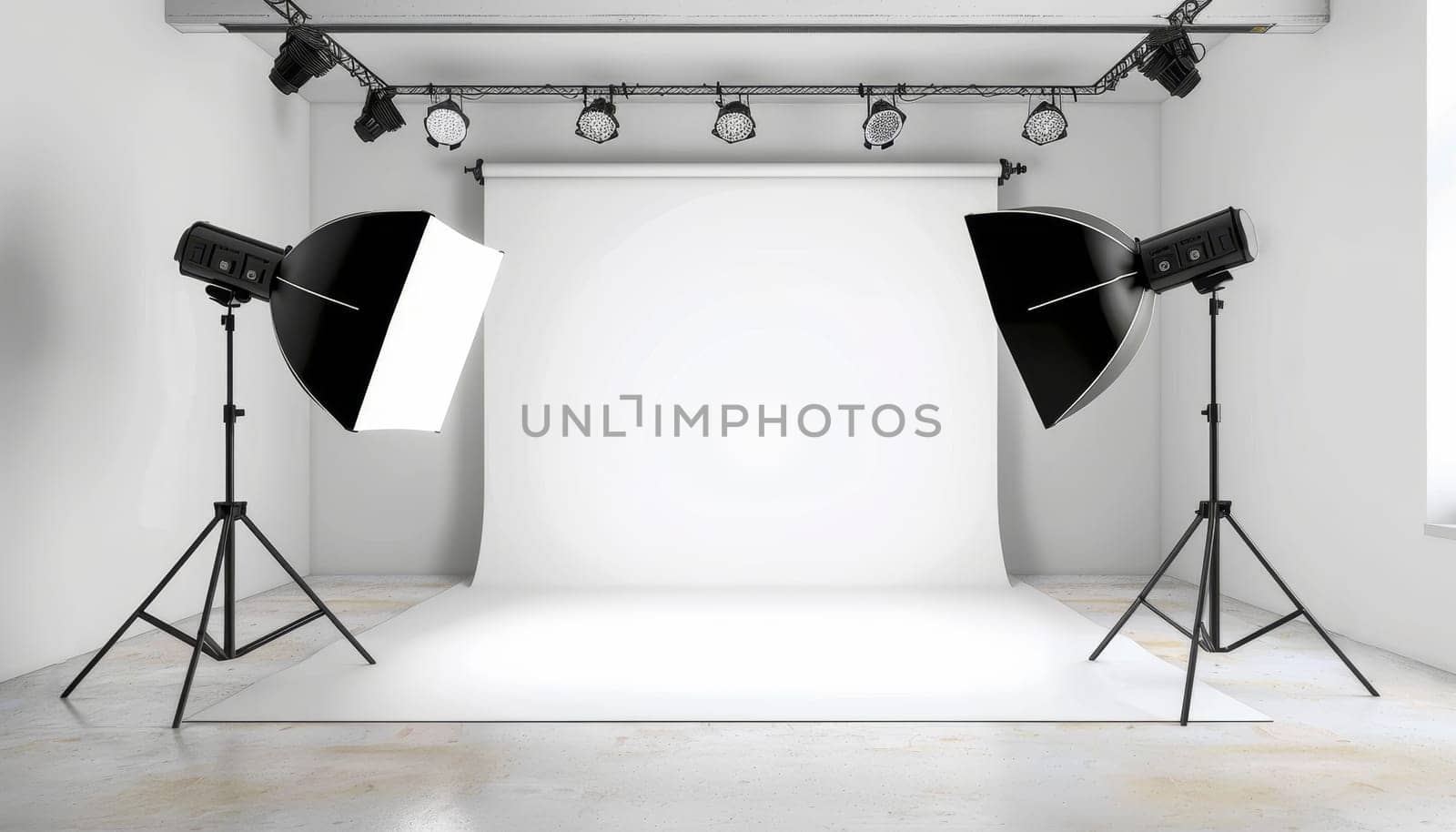 A white room with two lighting fixtures on tripods by AI generated image.