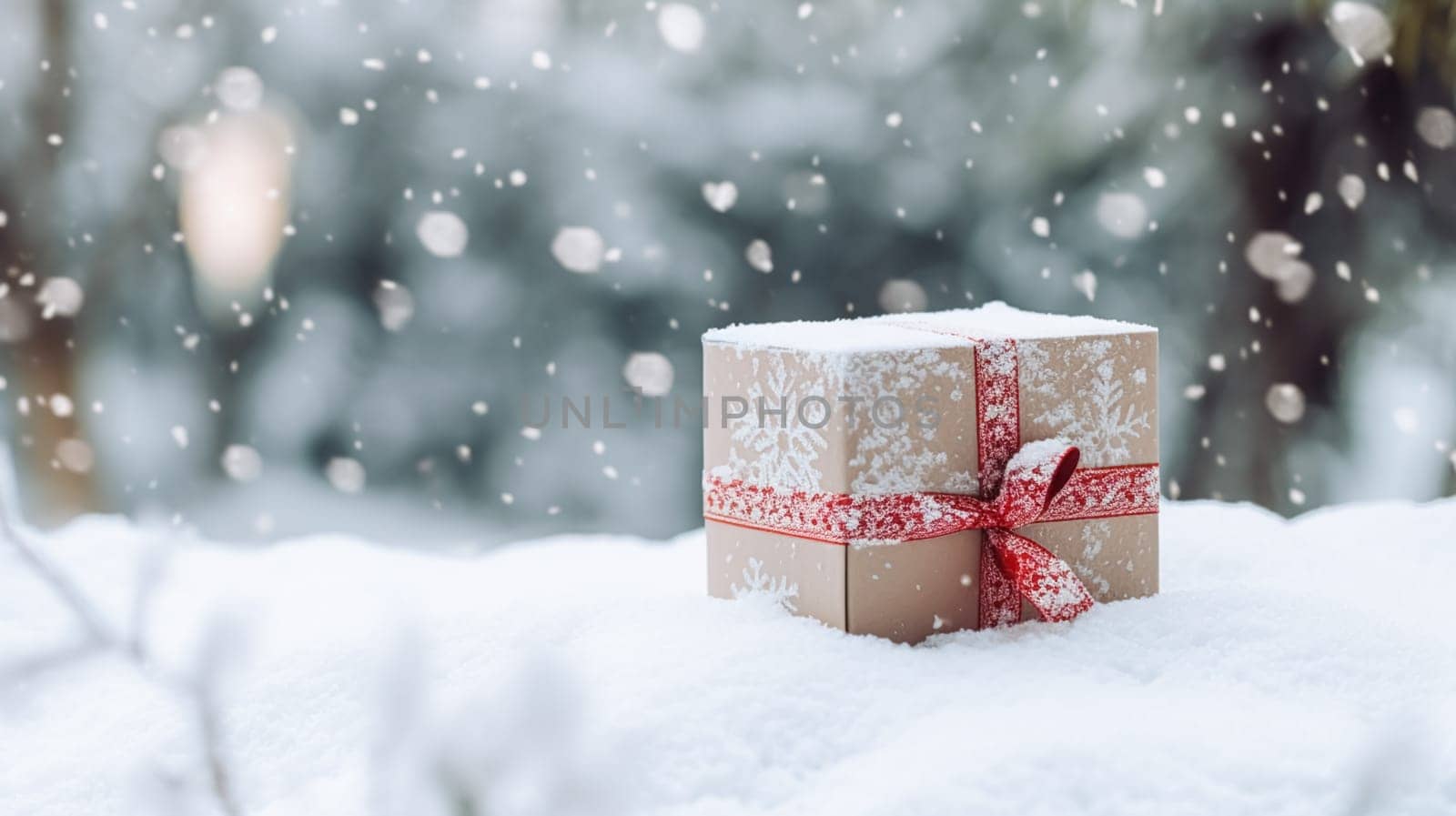 Christmas holiday gift and present, gift box in the snow in snowfall winter countryside nature for boxing day, holidays shopping sale idea