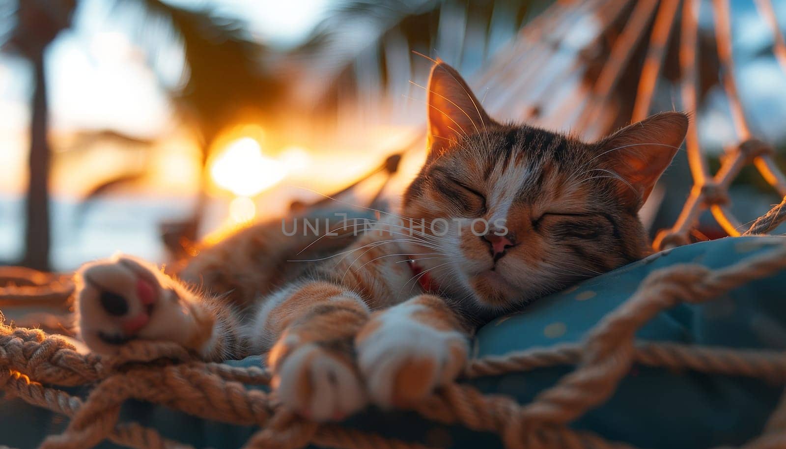 A cat is sleeping on a hammock by AI generated image.